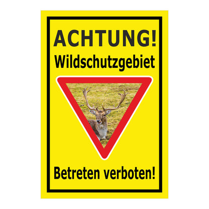 Schild Wildschutzgebiet Betreten verboten mit Hirschmotiv in gelb mit schwarzem Rand