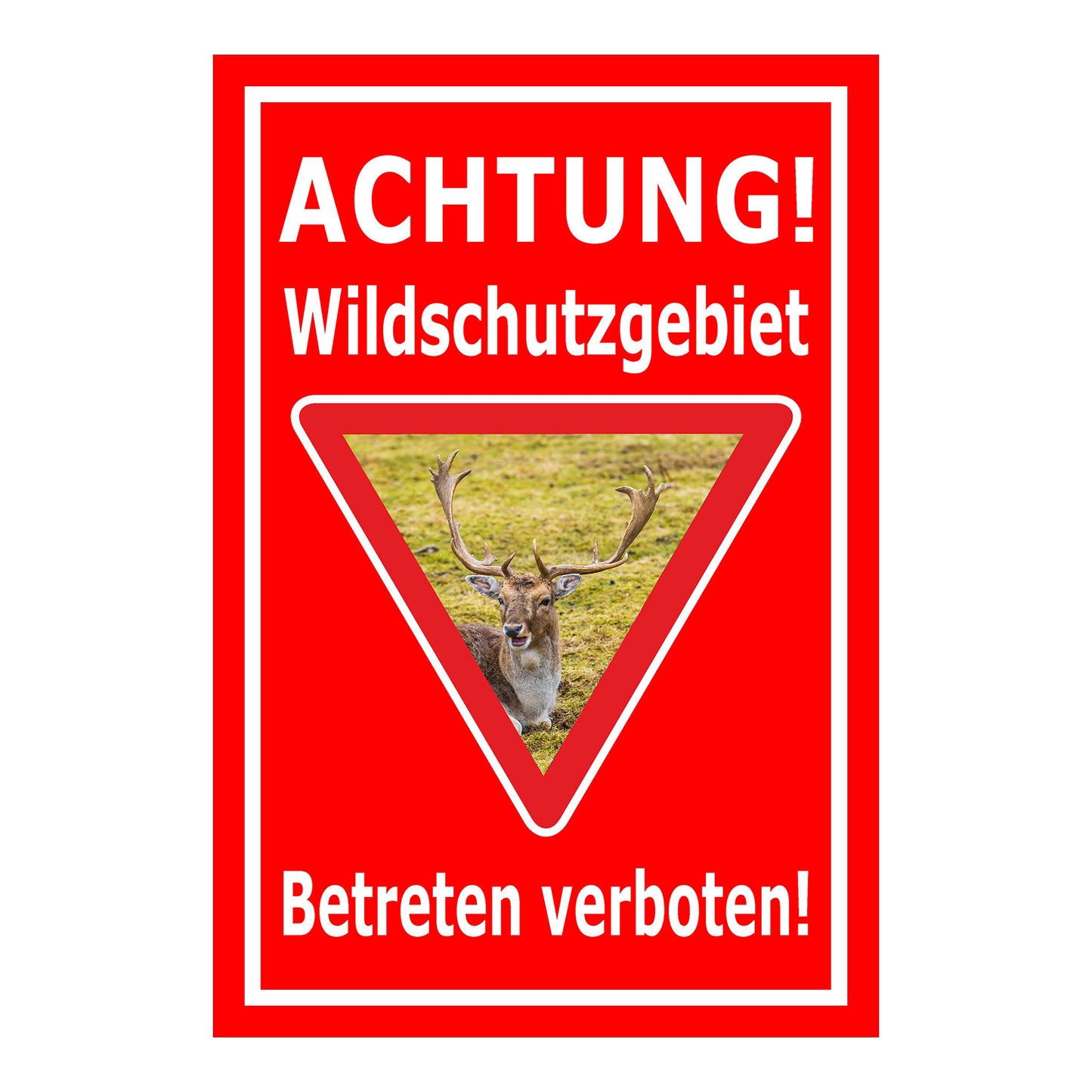 Schild Wildschutzgebiet Betreten verboten mit Hirschmotiv in rot mit weißem Rand