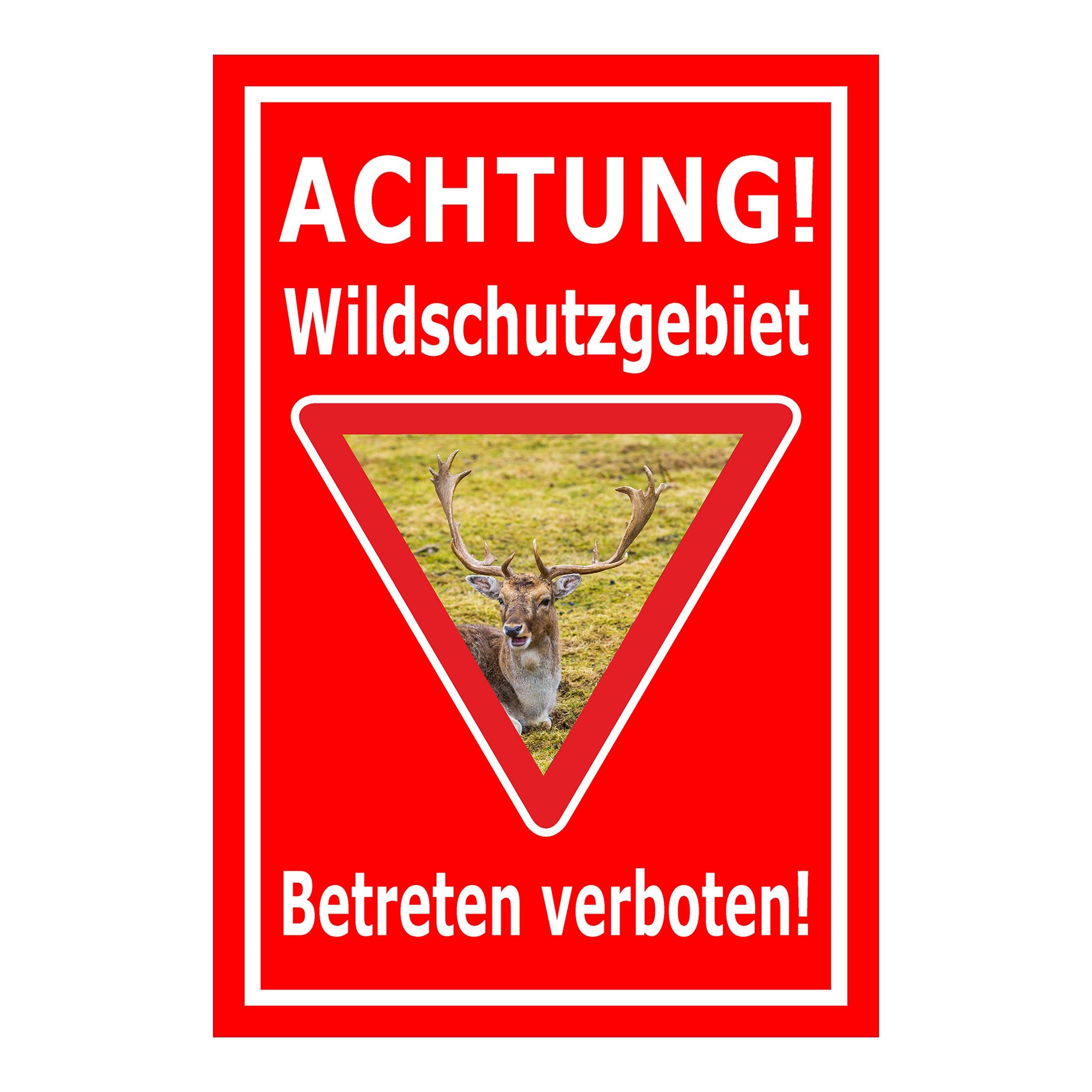 Schild Wildschutzgebiet Betreten verboten mit Hirschmotiv in rot mit weißem Rand