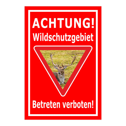 Schild Wildschutzgebiet Betreten verboten mit Hirschmotiv in rot mit weißem Rand