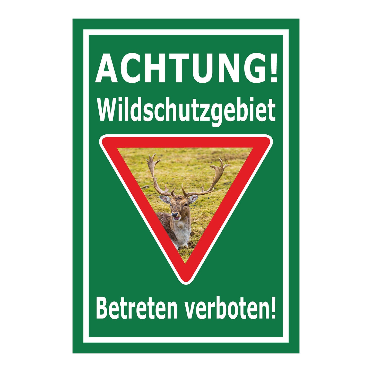 Schild Wildschutzgebiet Betreten verboten mit Hirschmotiv in grün mit weißem Rand