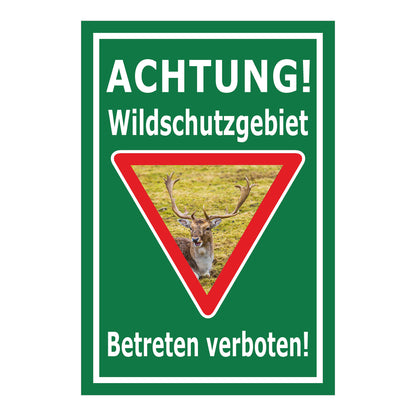 Schild Wildschutzgebiet Betreten verboten mit Hirschmotiv in grün mit weißem Rand