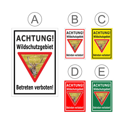 Übersichtsbild Schild Wildschutzgebiet Betreten verboten mit Hirschmotiv mit allen verfügbaren Farbvarianten