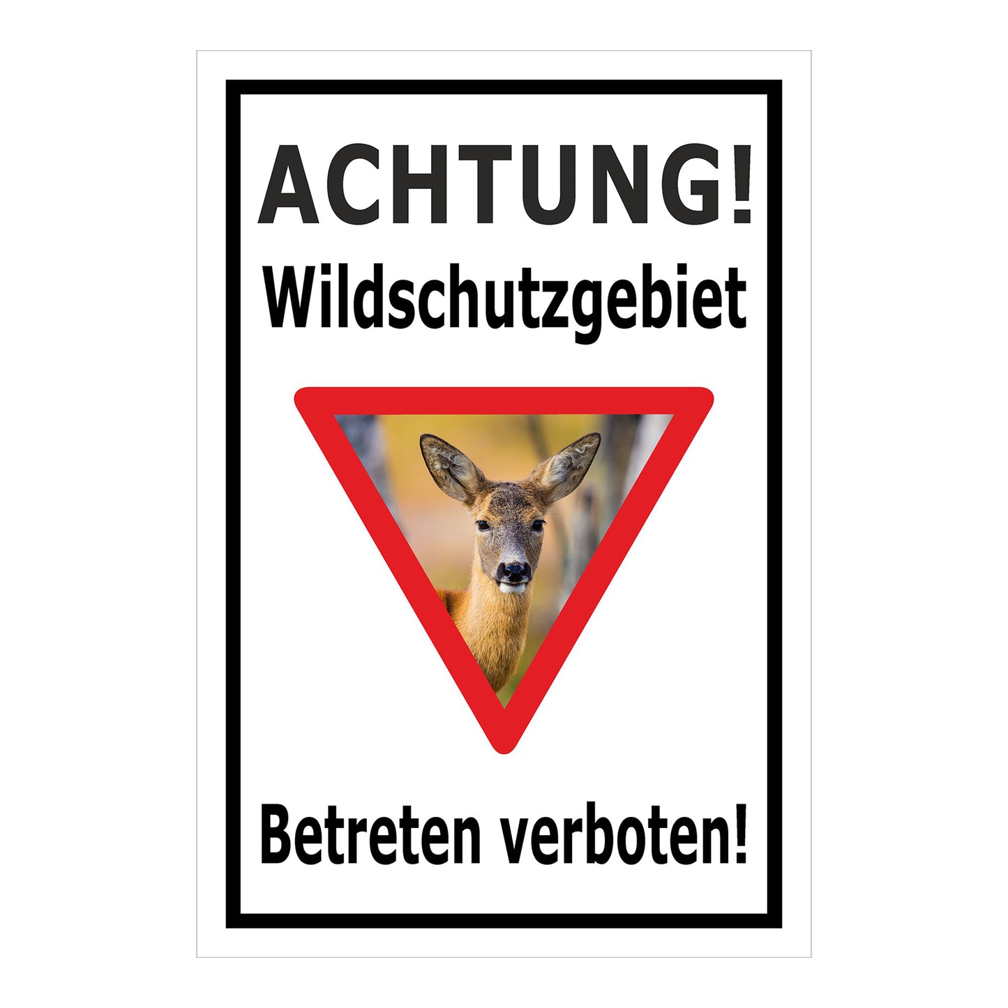 Schild Wildschutzgebiet Betreten verboten mit Reh Motiv in Weiß mit schwarzem Rand