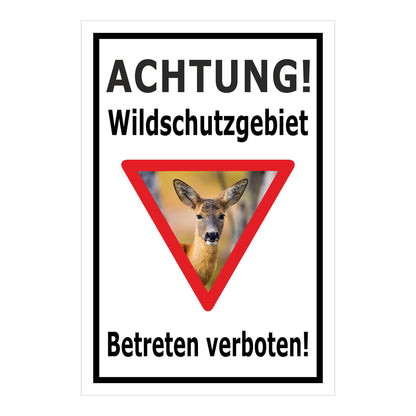 Schild Wildschutzgebiet Betreten verboten mit Reh Motiv in Weiß mit schwarzem Rand