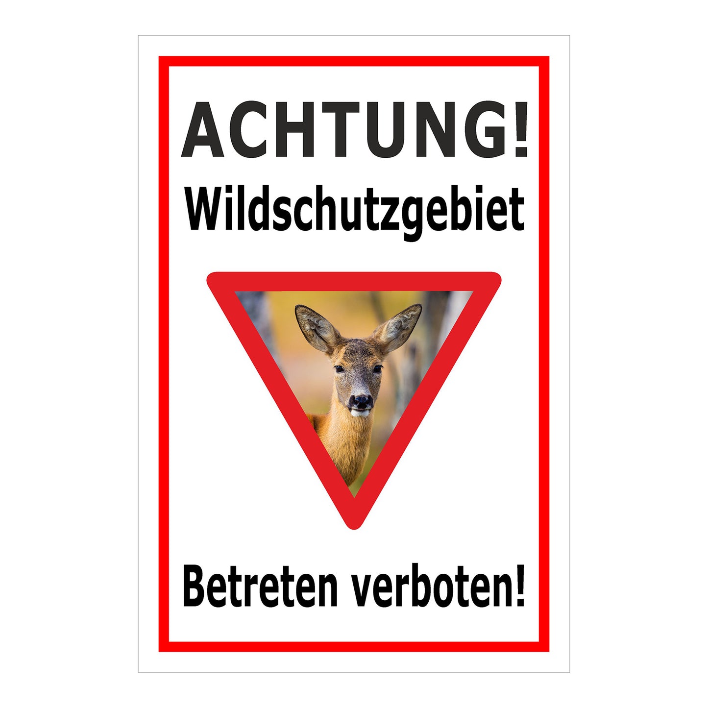 Schild Wildschutzgebiet Betreten verboten mit Reh Motiv in Weiß mit rotem Rand