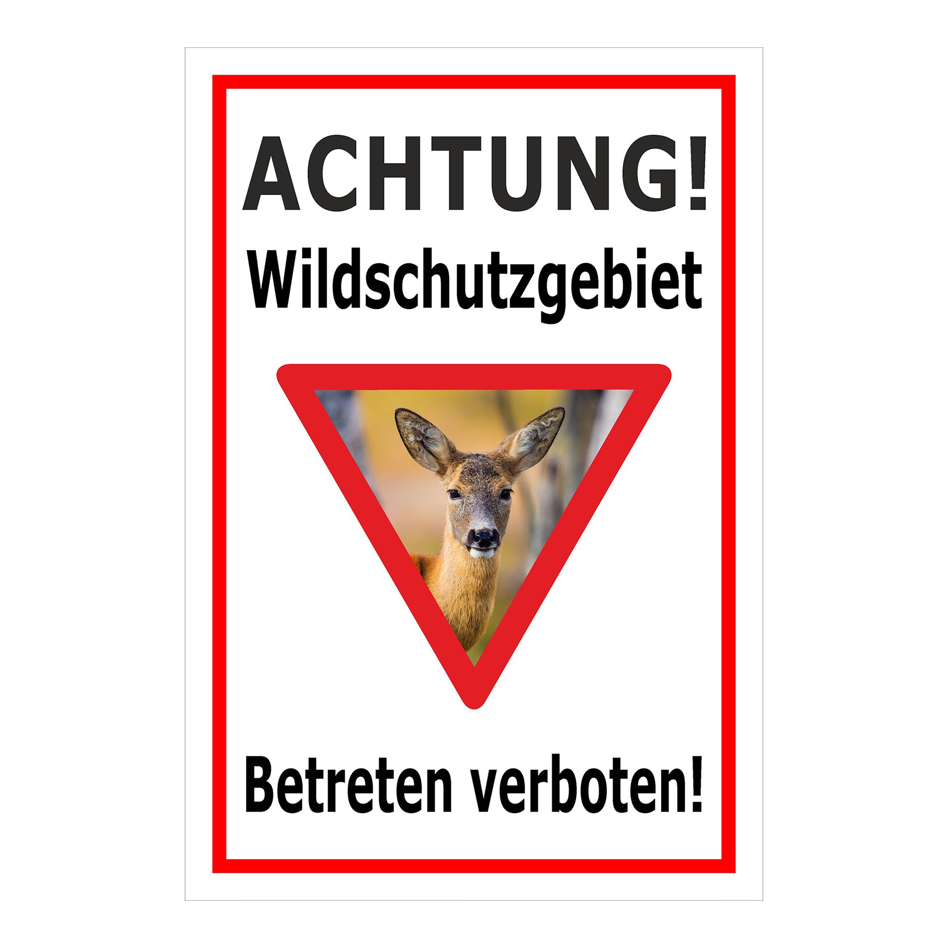 Schild Wildschutzgebiet Betreten verboten mit Reh Motiv in Weiß mit rotem Rand