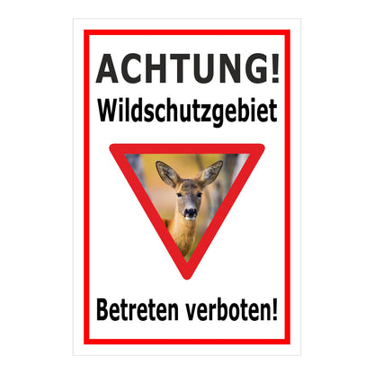 Schild Wildschutzgebiet Betreten verboten mit Reh Motiv in Weiß mit rotem Rand