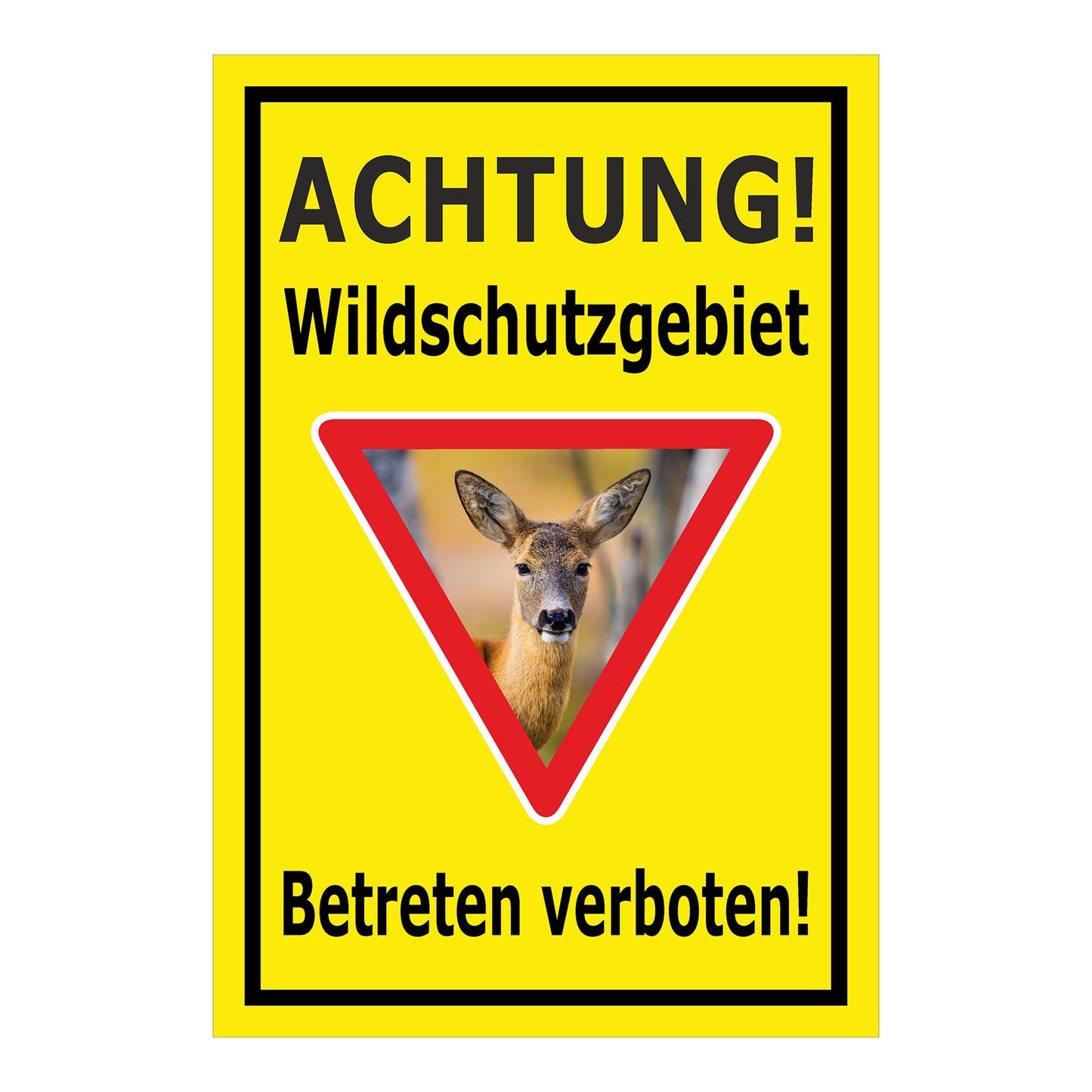 Schild Wildschutzgebiet Betreten verboten mit Reh Motiv in Gelb mit schwarzem Rand