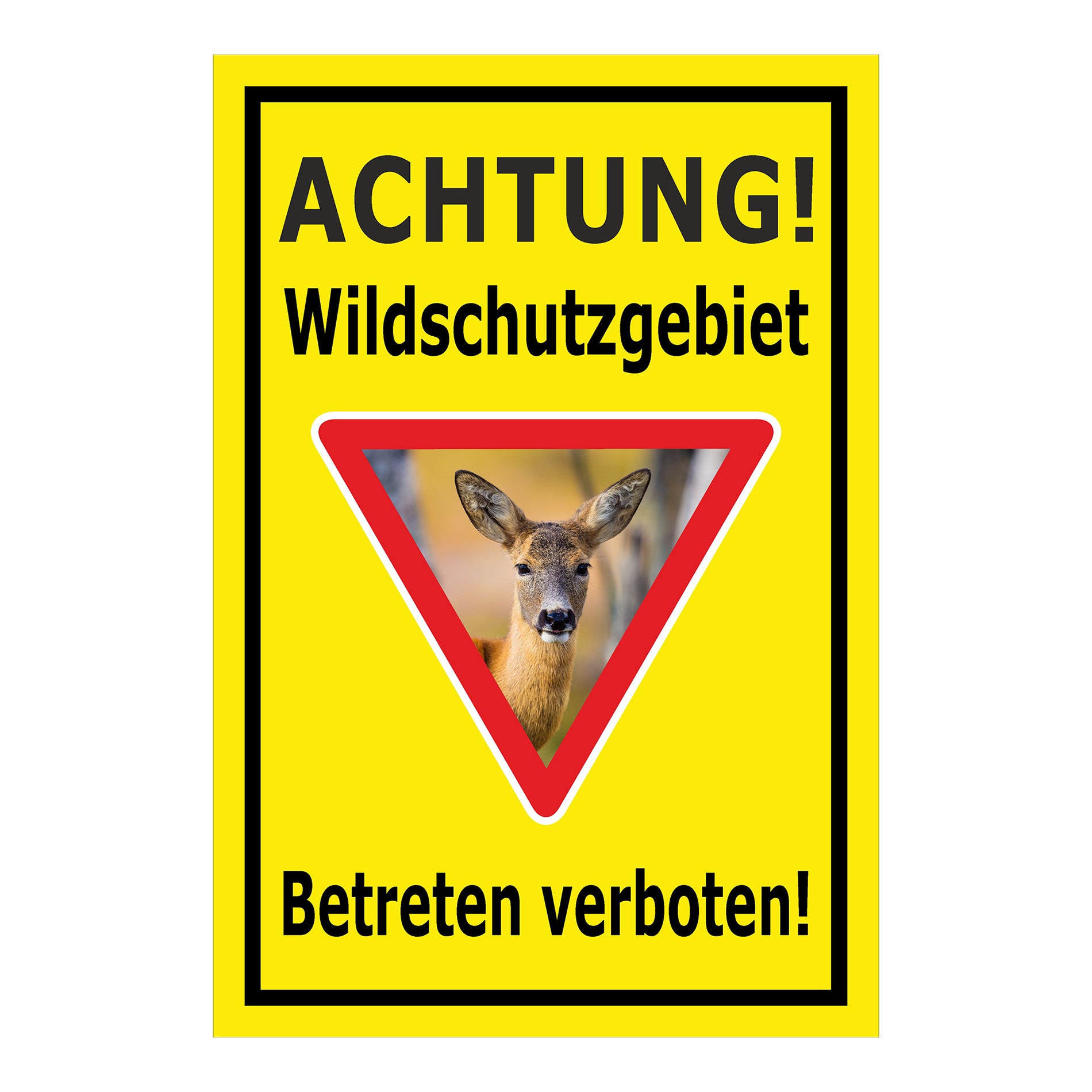 Schild Wildschutzgebiet Betreten verboten mit Reh Motiv in Gelb mit schwarzem Rand