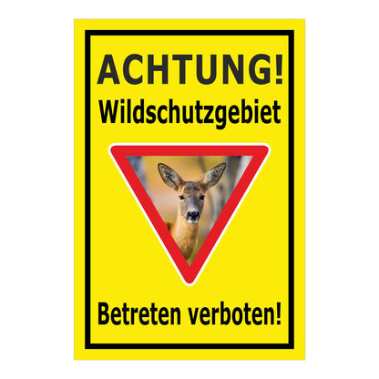 Schild Wildschutzgebiet Betreten verboten mit Reh Motiv in Gelb mit schwarzem Rand