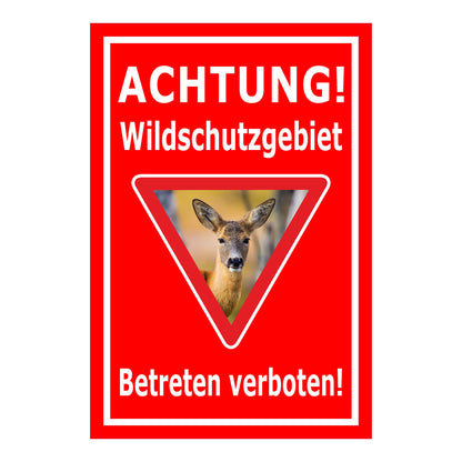 Schild Wildschutzgebiet Betreten verboten mit Reh Motiv in Rot mit weißem Rand