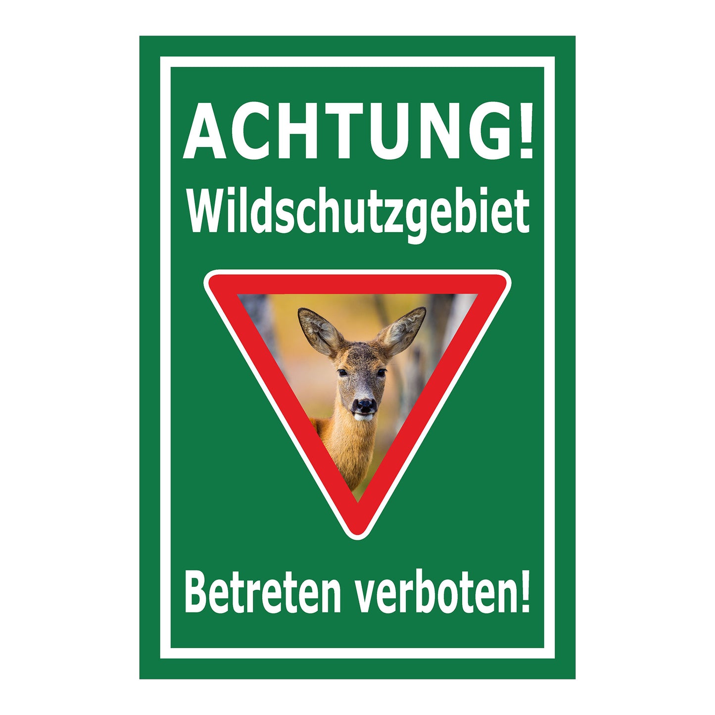 Schild Wildschutzgebiet Betreten verboten mit Reh Motiv in Grün mit weißem Rand