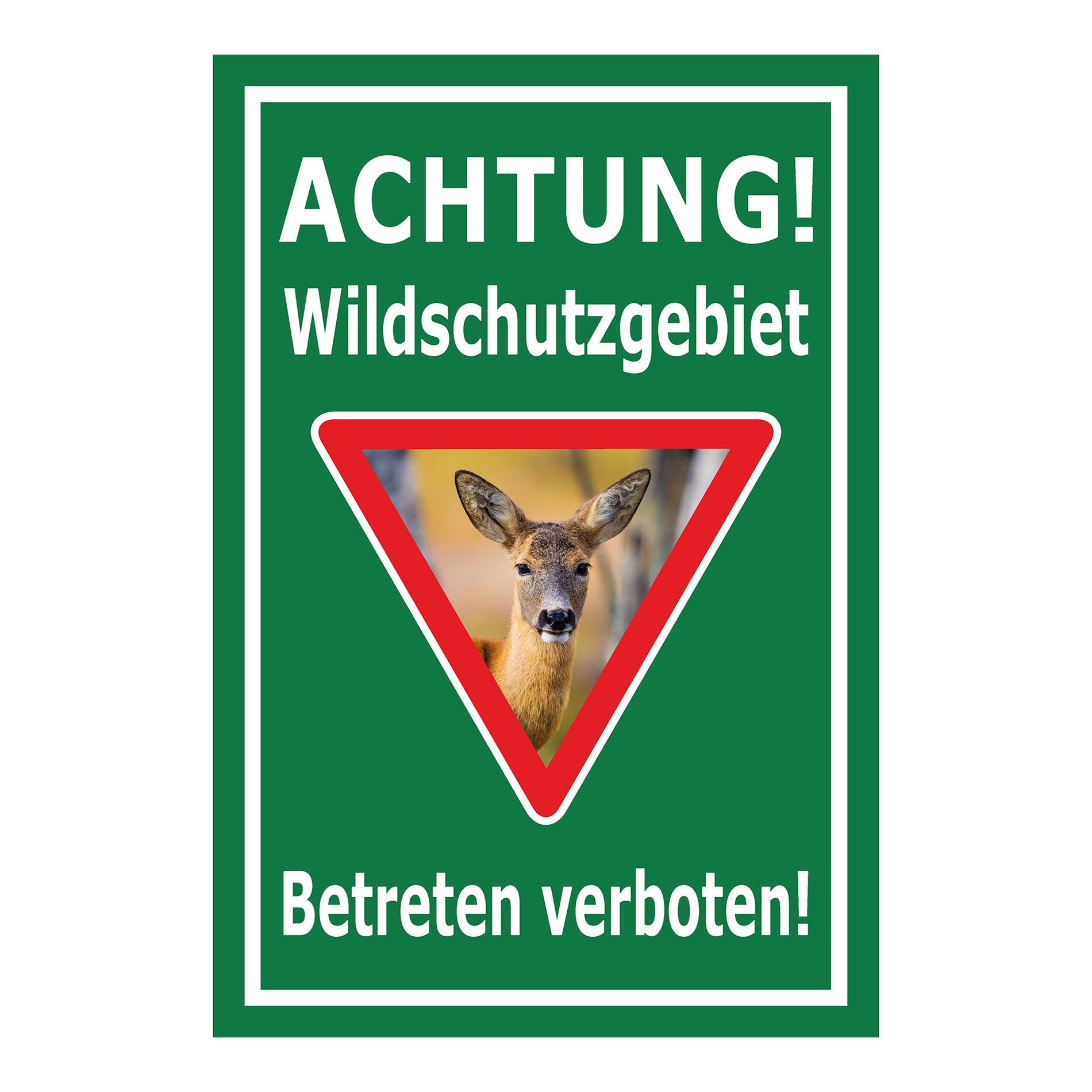 Schild Wildschutzgebiet Betreten verboten mit Reh Motiv in Grün mit weißem Rand