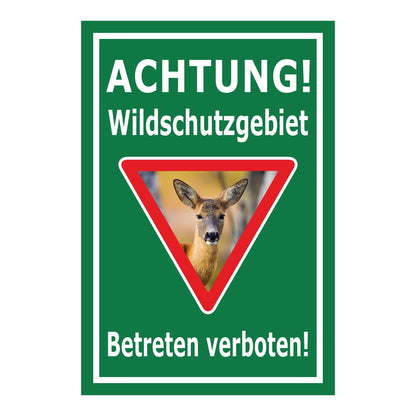 Schild Wildschutzgebiet Betreten verboten mit Reh Motiv in Grün mit weißem Rand
