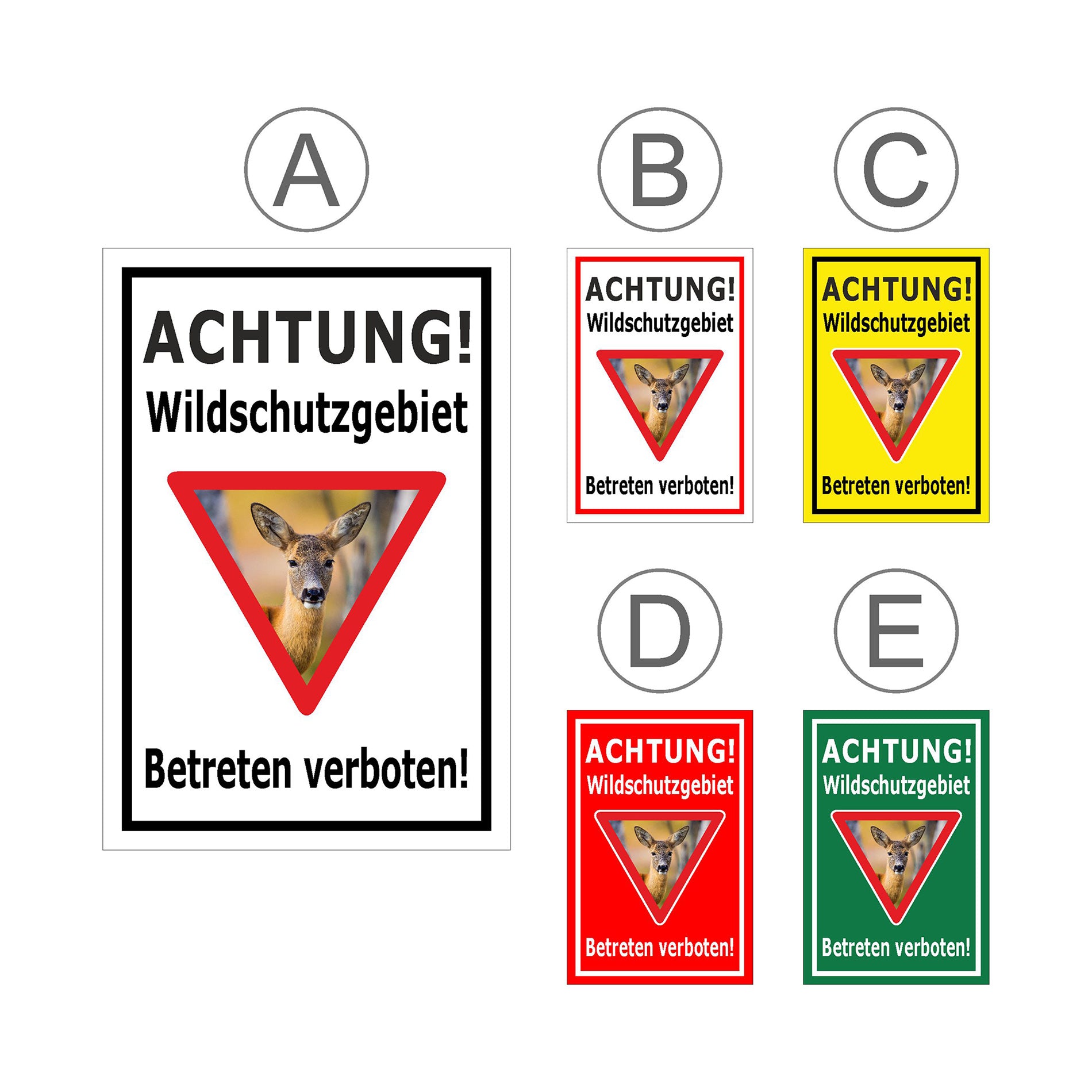 Übersichtsbild Schild Wildschutzgebiet Betreten verboten mit Reh Motiv und allen Farbvarianten