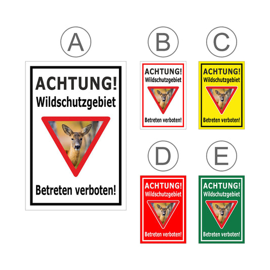 Übersichtsbild Schild Wildschutzgebiet Betreten verboten mit Reh Motiv und allen Farbvarianten
