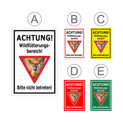 Übersichtsbild Schild Achtung Wildfütterungsbereich Bitte nicht betreten mit allen verfügbaren Farbvarianten
