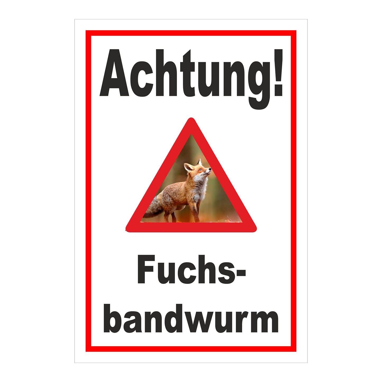 Schild Achtung Fuchsbandwurm Warnhinweis in Weiß mit rotem Rand und Warndreieck mit Fuchs