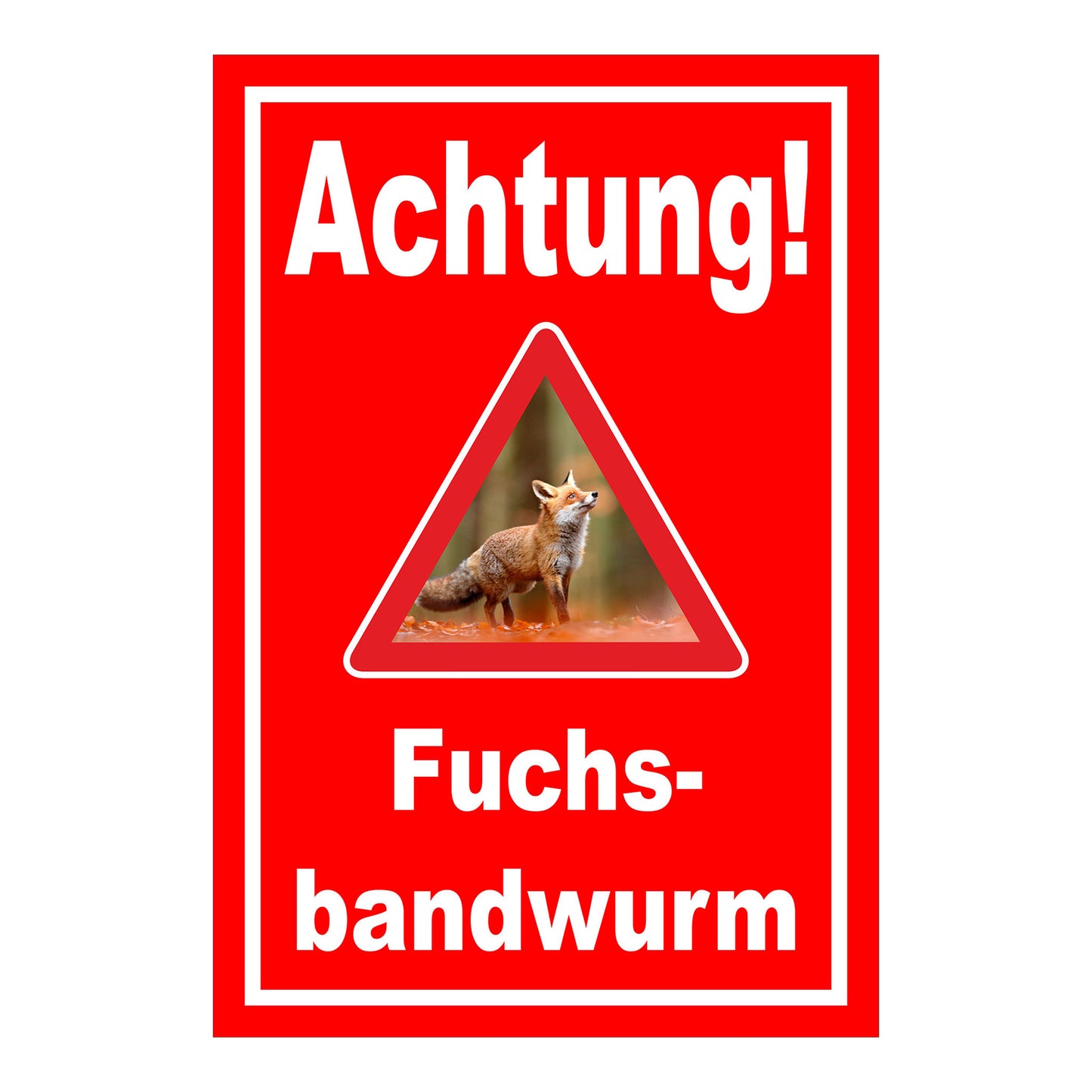Schild Achtung Fuchsbandwurm Warnhinweis in Rot mit weißem Rand und Warndreieck mit Fuchs