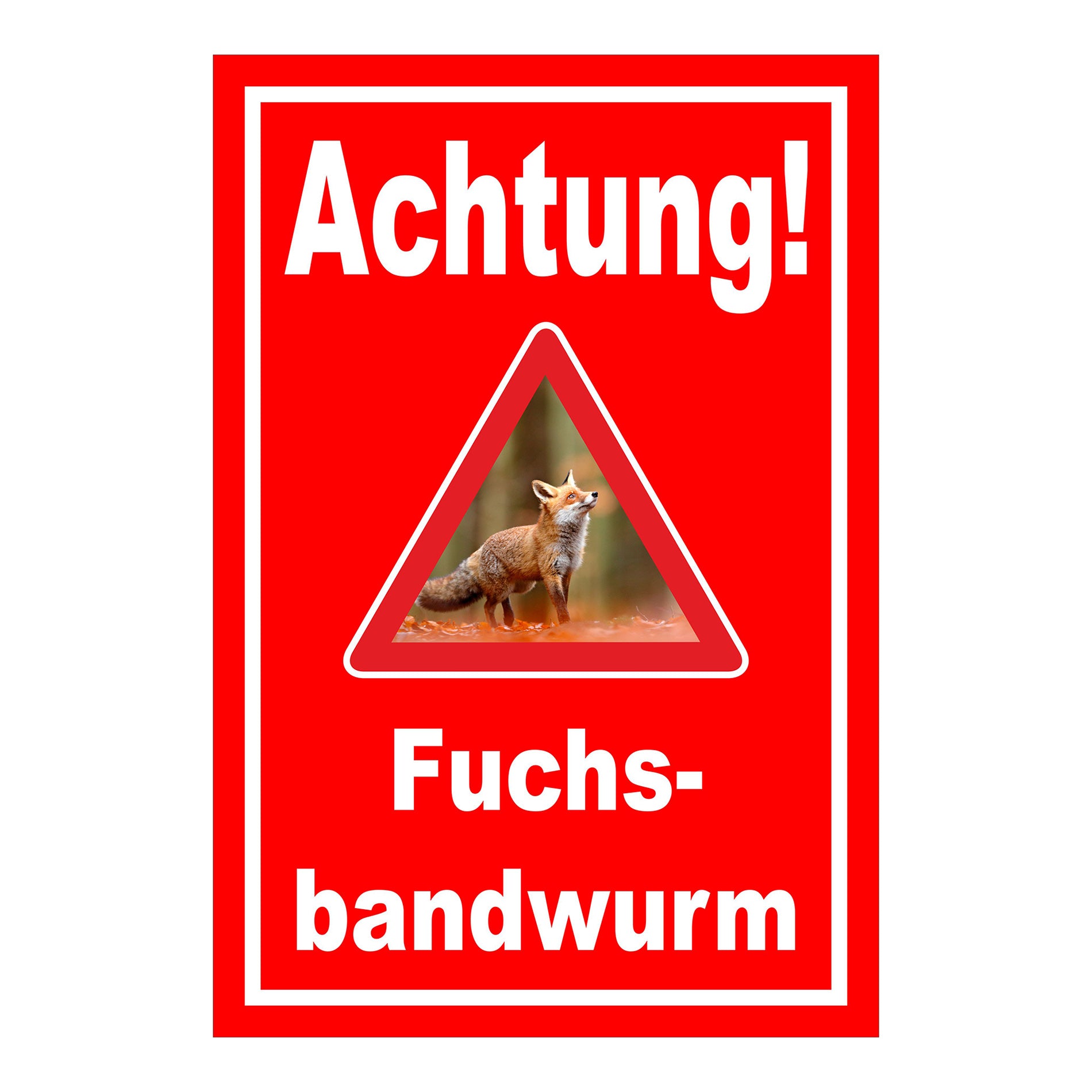 Schild Achtung Fuchsbandwurm Warnhinweis in Rot mit weißem Rand und Warndreieck mit Fuchs