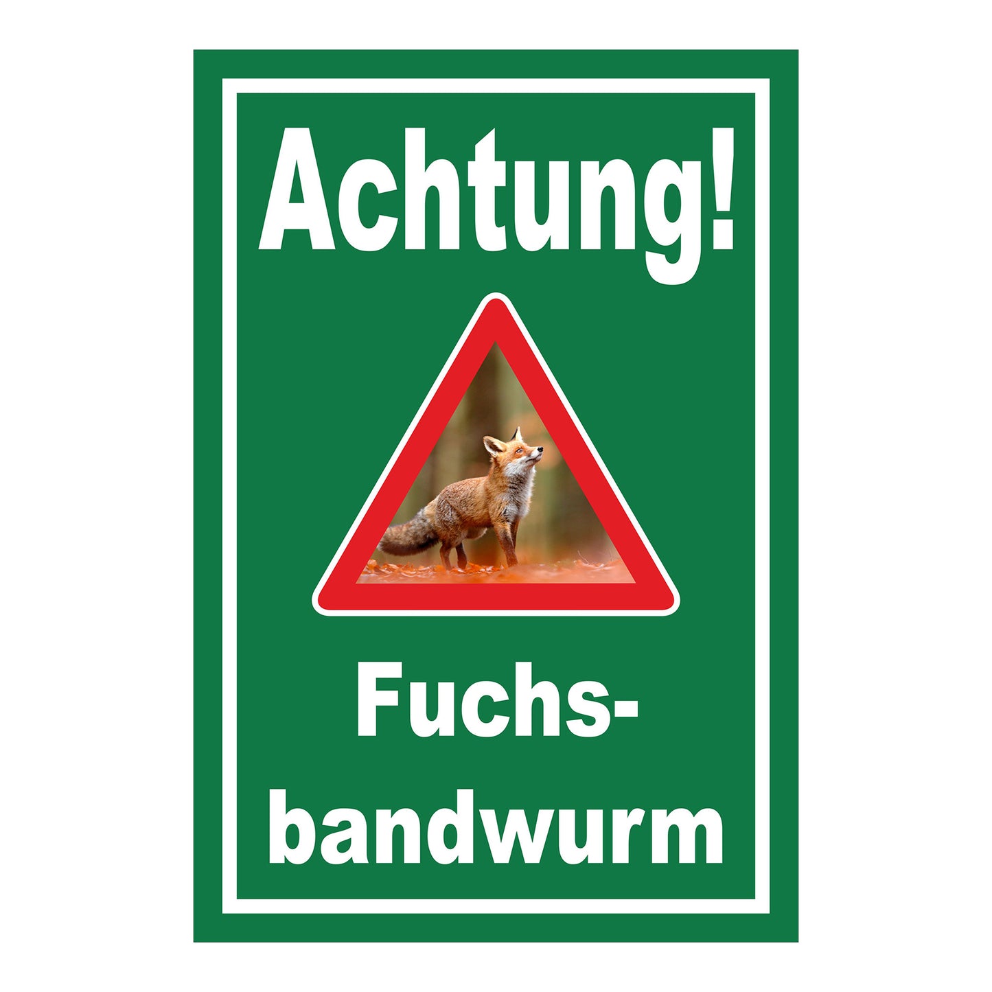 Schild Achtung Fuchsbandwurm Warnhinweis in Grün mit weißem Rand und Warndreieck mit Fuchs