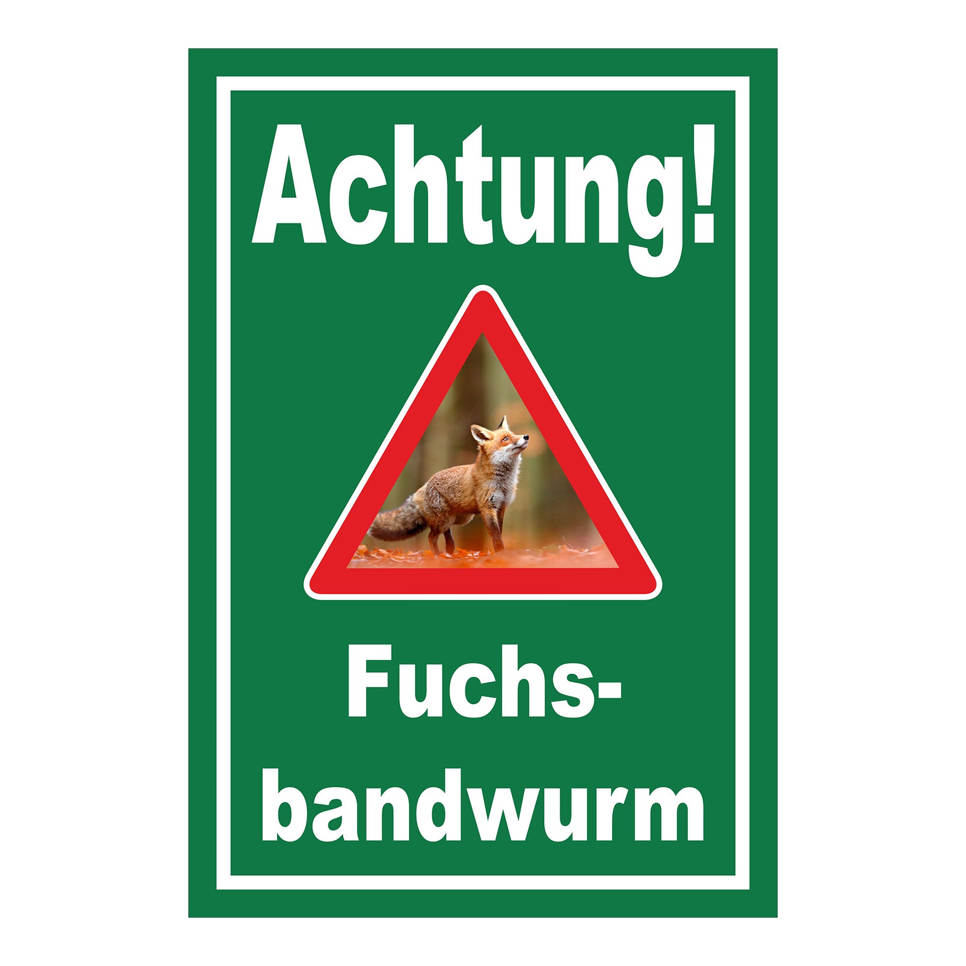 Schild Achtung Fuchsbandwurm Warnhinweis in Grün mit weißem Rand und Warndreieck mit Fuchs