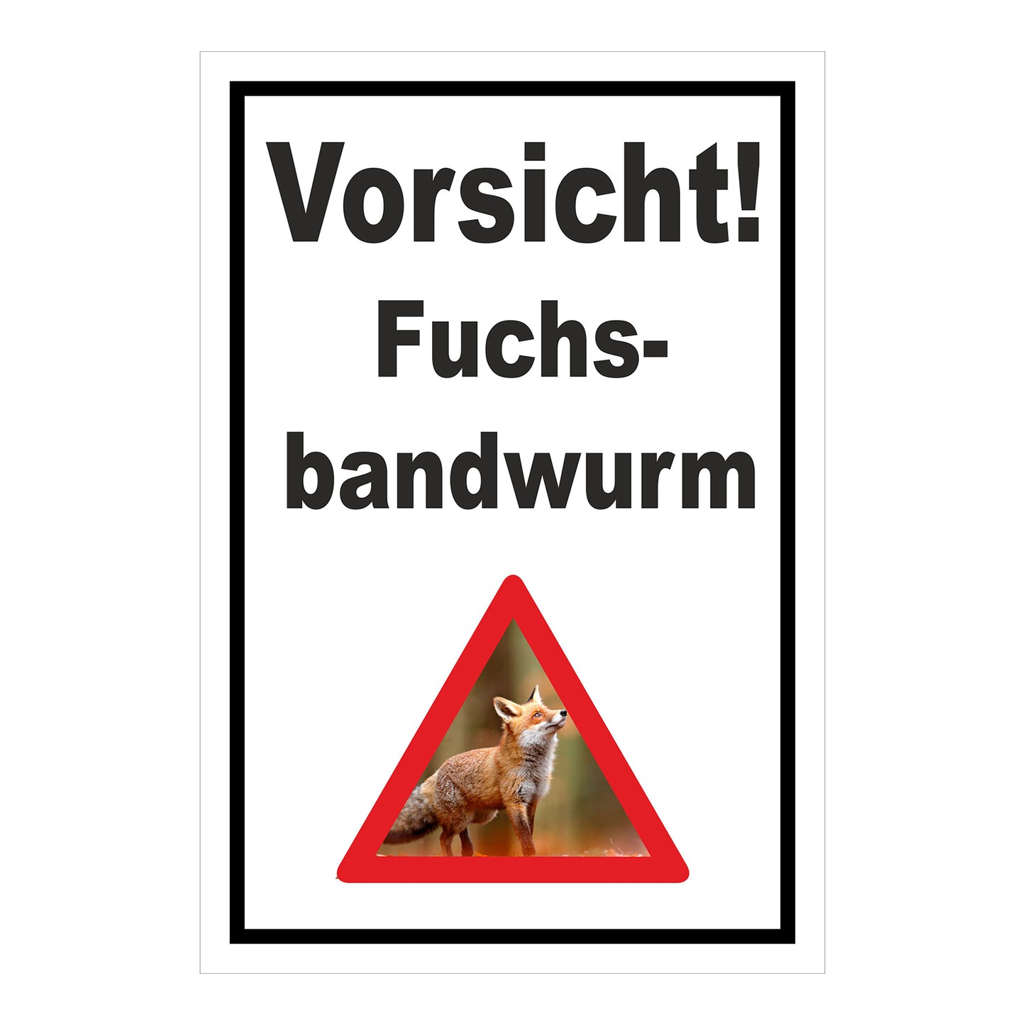 Schild Vorsicht Fuchsbandwurm Warnhinweis ‚Vorsicht! Fuchs-bandwurm‘ in Weiß mit schwarzem Rand und Warnsymbol