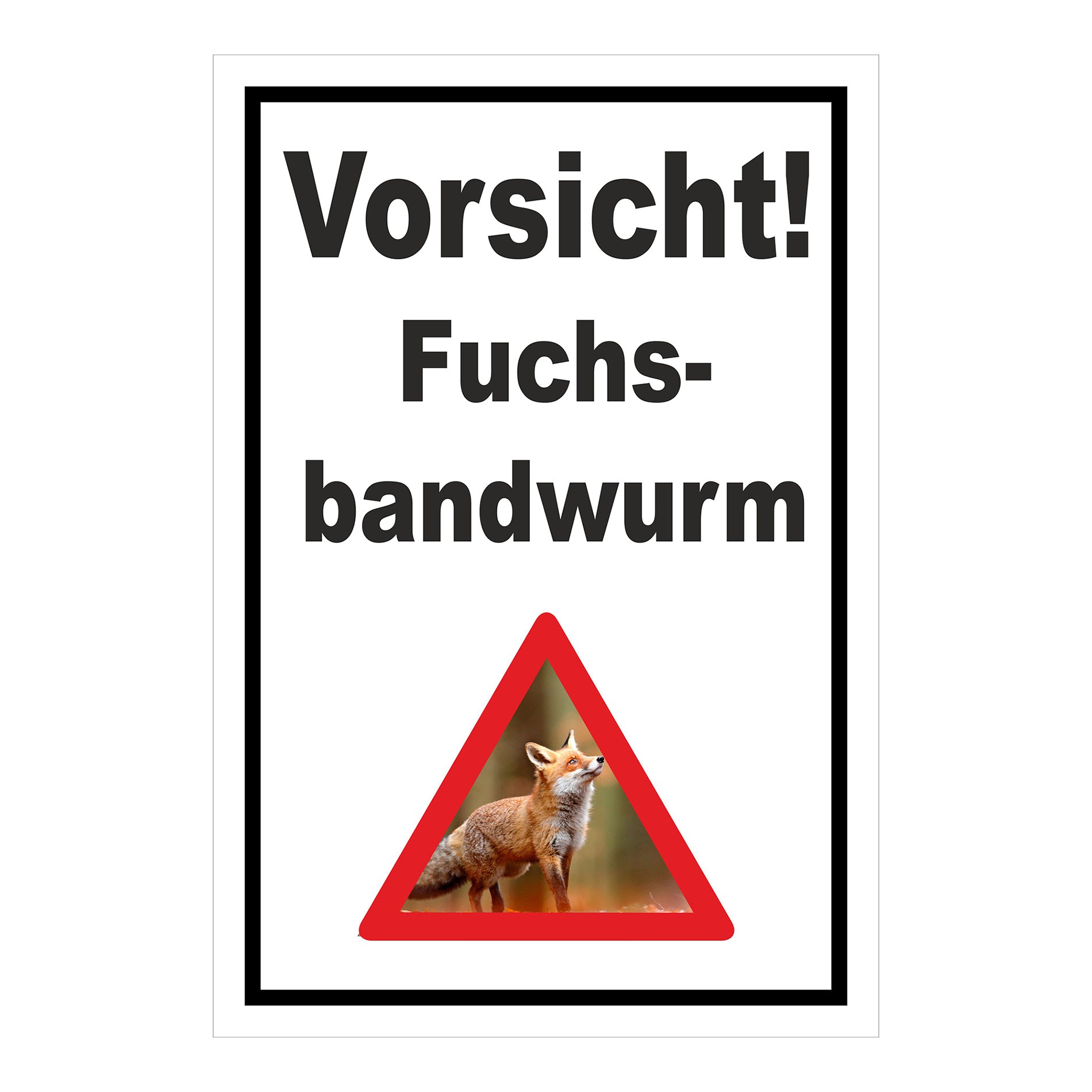 Schild Vorsicht Fuchsbandwurm Warnhinweis ‚Vorsicht! Fuchs-bandwurm‘ in Weiß mit schwarzem Rand und Warnsymbol