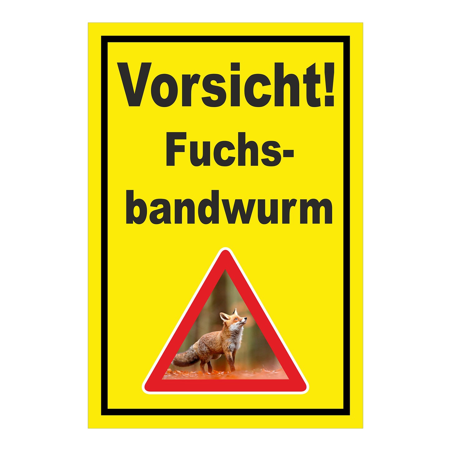 Schild Vorsicht Fuchsbandwurm Warnhinweis ‚Vorsicht! Fuchs-bandwurm‘ in Gelb mit schwarzem Rand und Warnsymbol