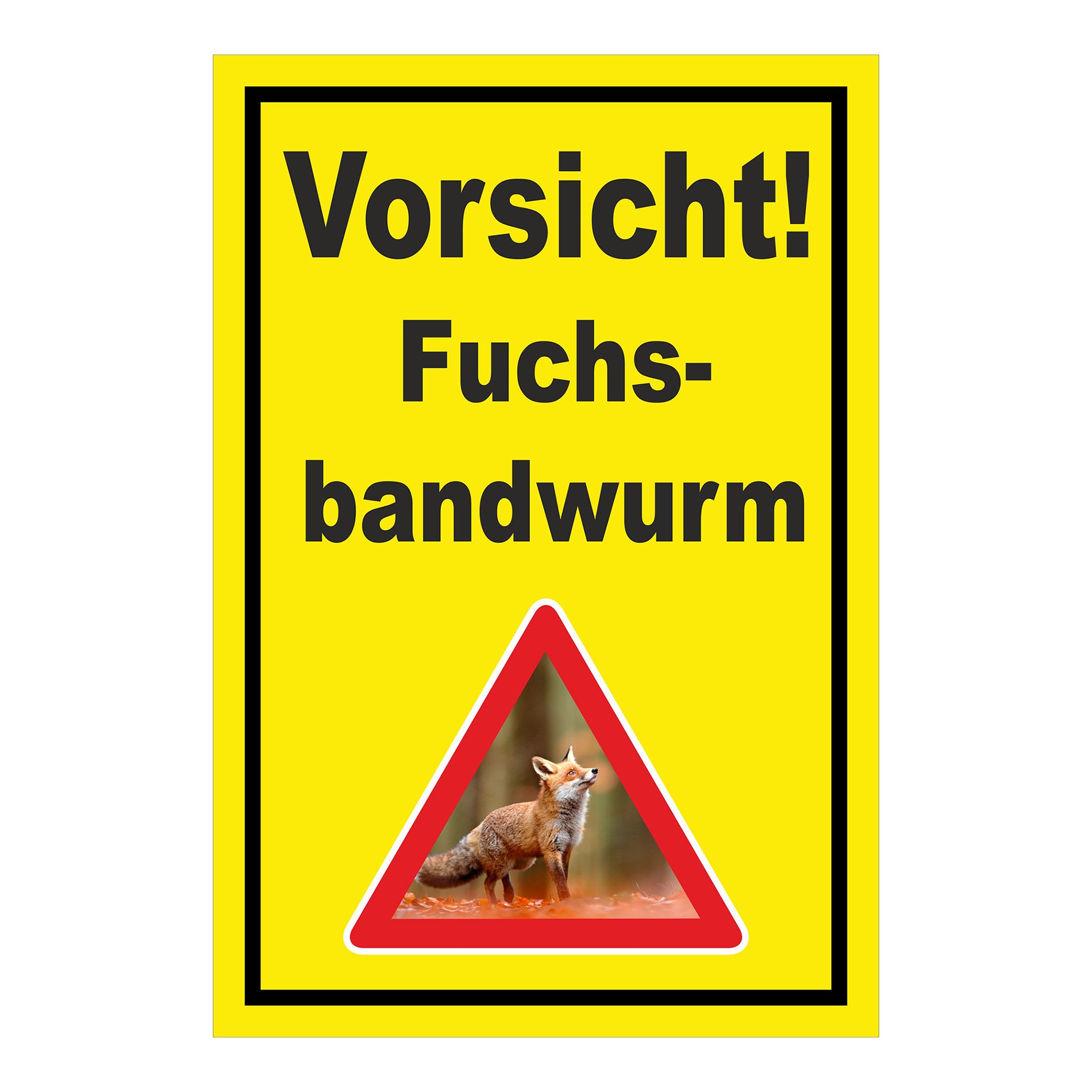 Schild Vorsicht Fuchsbandwurm Warnhinweis ‚Vorsicht! Fuchs-bandwurm‘ in Gelb mit schwarzem Rand und Warnsymbol