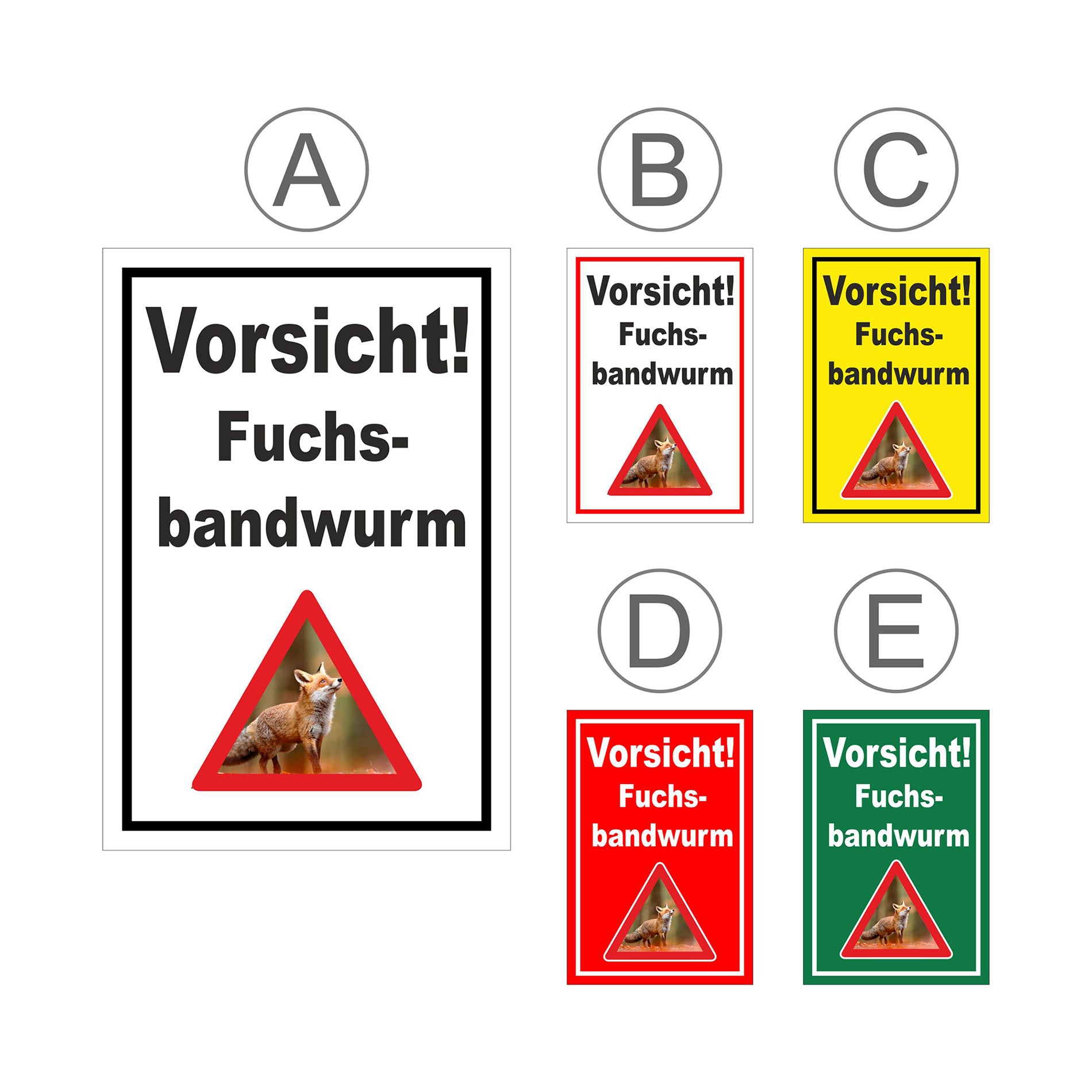 Übersichtsbild Schild Vorsicht Fuchsbandwurm Warnhinweis ‚Vorsicht! Fuchs-bandwurm‘ mit allen verfügbaren Farbvarianten