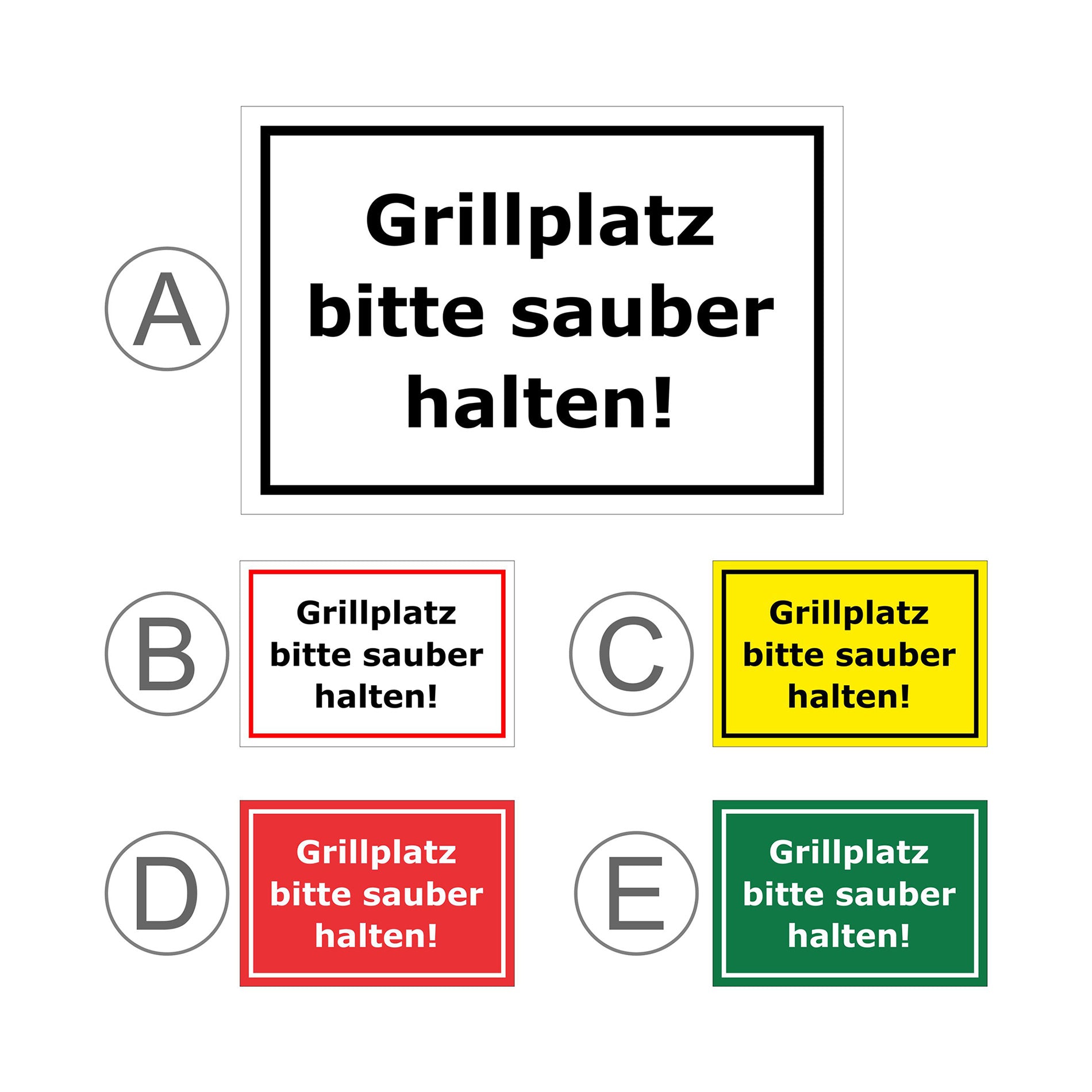 Übersichtsbild Schild Grillplatz bitte sauber halten Hinweis ‚Grillplatz bitte sauber halten!‘ mit allen Farbvarianten