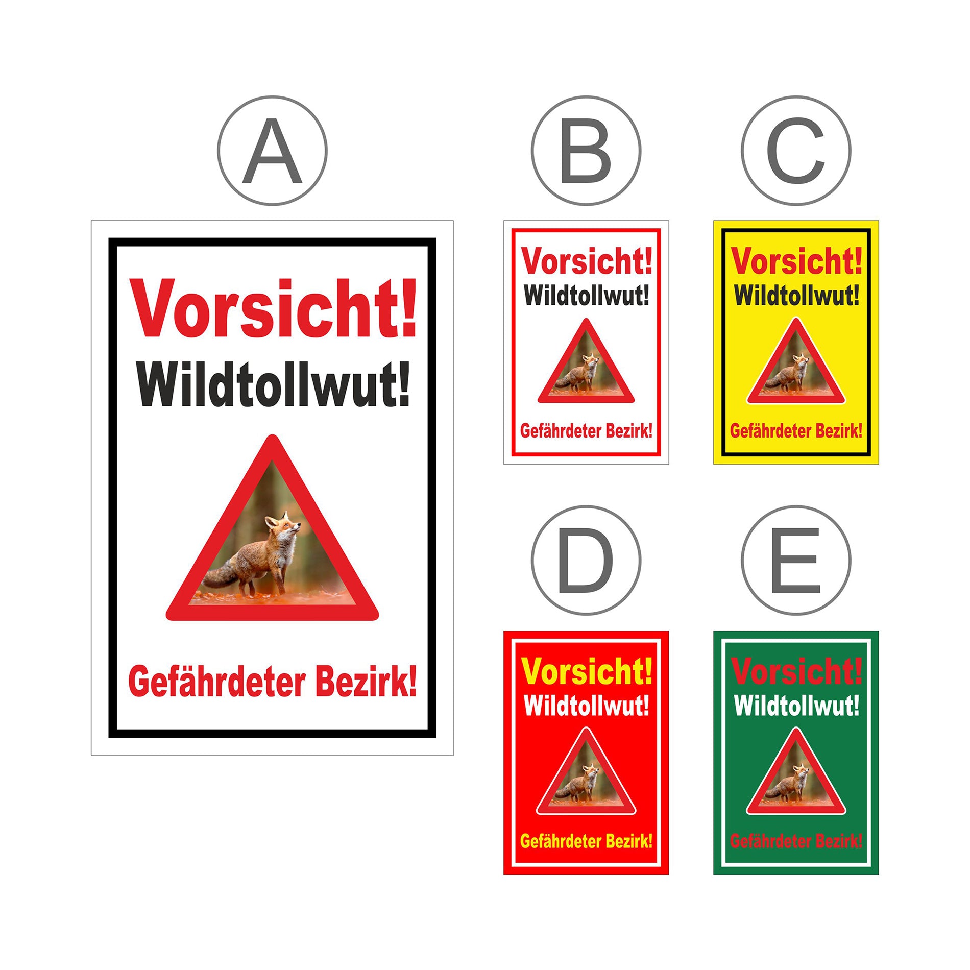 Übersichtsbild Schild Vorsicht Wildtollwut Gefährdeter Bezirk Warnhinweis mit allen verfügbaren Farbvarianten