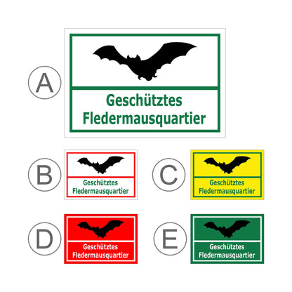 Übersichtsbild Schild Fledermausquartier geschützt Hinweis Artenschutz „Geschütztes Fledermausquartier“ mit allen Farbvarianten