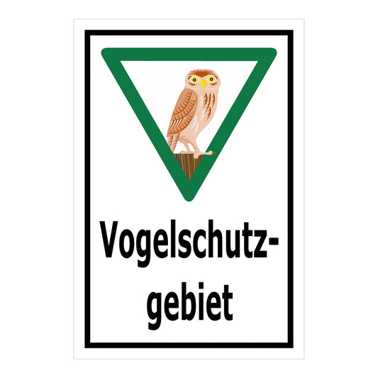 Schild Vogelschutzgebiet „Vogelschutzgebiet“ weißer Hintergrund schwarzer Rand grünes Dreieck mit Eule