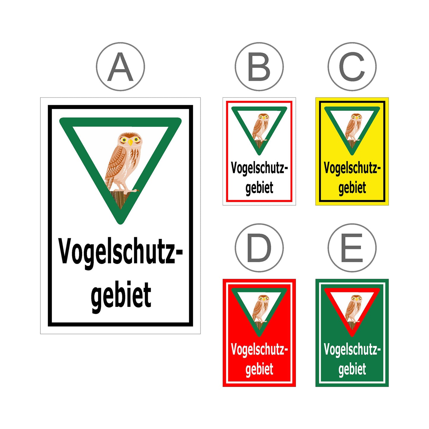Übersichtsbild Schild Vogelschutzgebiet „Vogelschutz-gebiet“ mit allen verfügbaren Farbvarianten