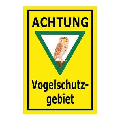 Schild Vogelschutzgebiet Achtung Eule Hinweis „ACHTUNG Vogelschutzgebiet“ in Gelb mit schwarzem Rand und grünem Dreieck