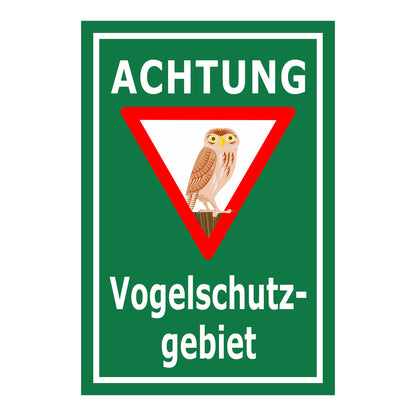 Schild Vogelschutzgebiet Achtung Eule Hinweis „ACHTUNG Vogelschutzgebiet“ in Grün mit weißem Rand und rotem Dreieck