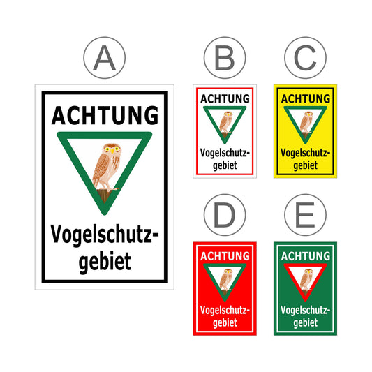 Übersichtsbild Schild Vogelschutzgebiet Achtung Eule Hinweis „ACHTUNG Vogelschutzgebiet“ mit allen Farbvarianten