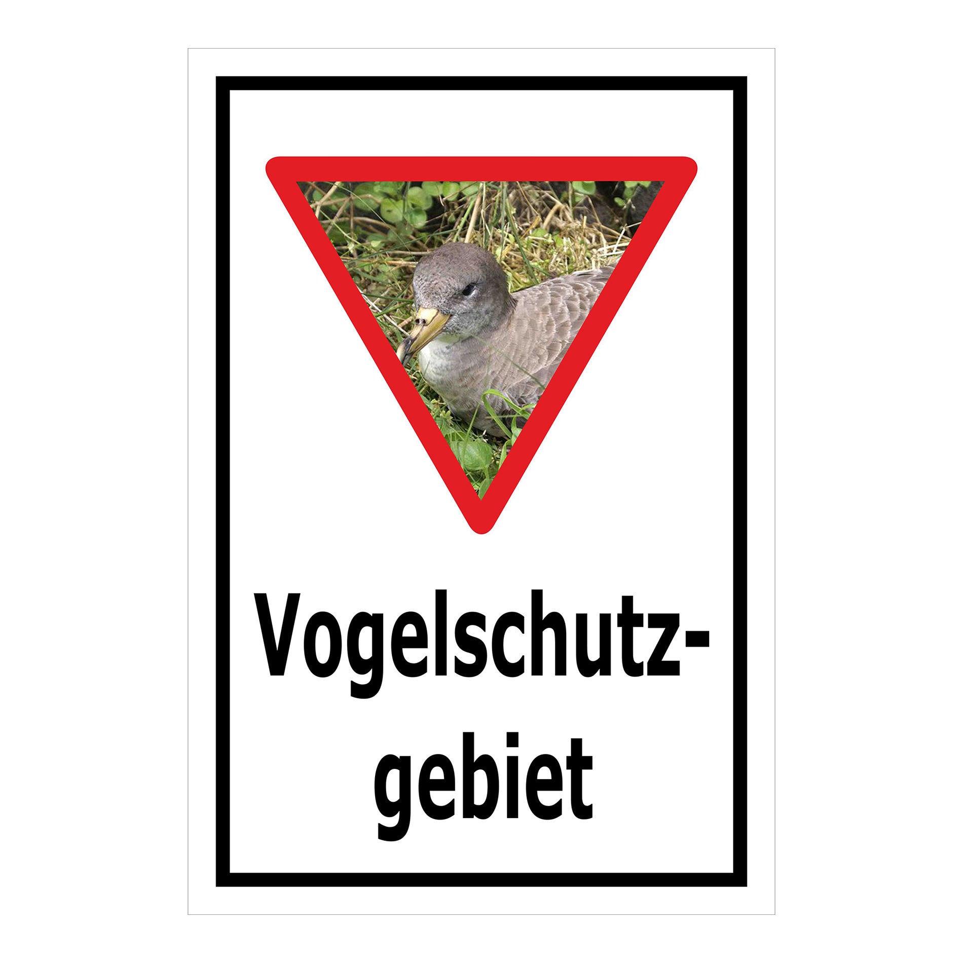 Schild Vogelschutzgebiet Hinweis mit Vogelmotiv ‚Vogelschutz-gebiet‘ in Weiß mit schwarzem Rand und Vogelmotiv im Dreieck