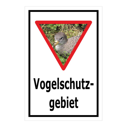 Schild Vogelschutzgebiet Hinweis mit Vogelmotiv ‚Vogelschutz-gebiet‘ in Weiß mit schwarzem Rand und Vogelmotiv im Dreieck