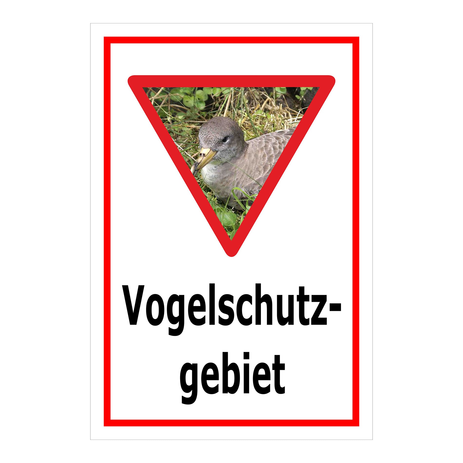 Schild Vogelschutzgebiet Hinweis mit Vogelmotiv ‚Vogelschutz-gebiet‘ in Weiß mit rotem Rand und Vogelmotiv im Dreieck