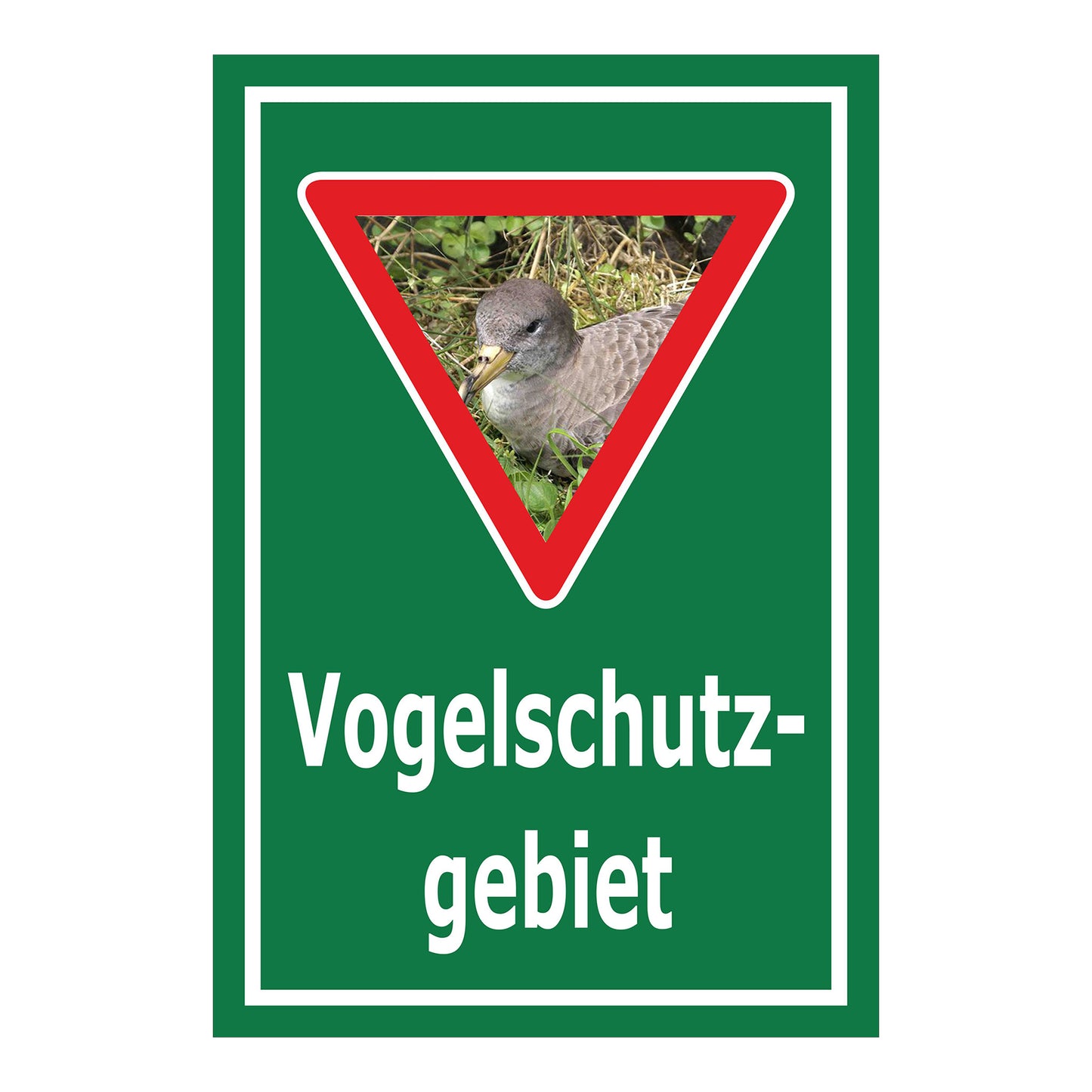 Schild Vogelschutzgebiet Hinweis mit Vogelmotiv ‚Vogelschutz-gebiet‘ in Grün mit weißem Rand und Vogelmotiv im Dreieck