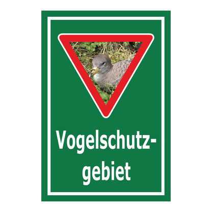 Schild Vogelschutzgebiet Hinweis mit Vogelmotiv ‚Vogelschutz-gebiet‘ in Grün mit weißem Rand und Vogelmotiv im Dreieck