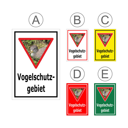 Übersichtsbild Schild Vogelschutzgebiet Hinweis mit Vogelmotiv ‚Vogelschutz-gebiet‘ mit allen verfügbaren Farbvarianten