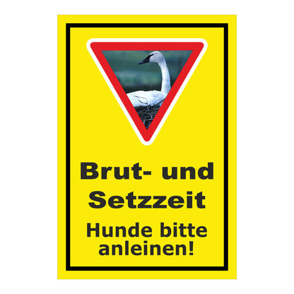 Schild Brut- und Setzzeit Hunde bitte anleinen in Gelb mit schwarzem Rand und Warnsymbol mit Schwan