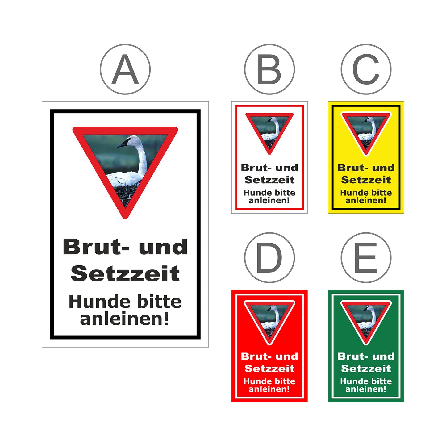 Übersichtsbild Schild Brut- und Setzzeit Hunde bitte anleinen mit allen verfügbaren Farbvarianten