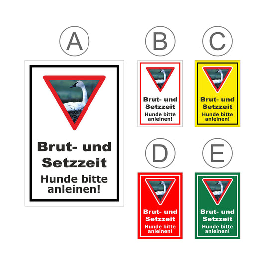 Übersichtsbild Schild Brut- und Setzzeit Hunde bitte anleinen mit allen verfügbaren Farbvarianten