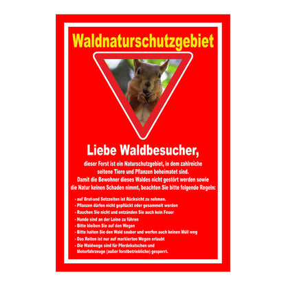 Schild Waldnaturschutzgebiet „Liebe Waldbesucher“ roter Hintergrund mit weißem Rahmen und Eichhörnchenmotiv